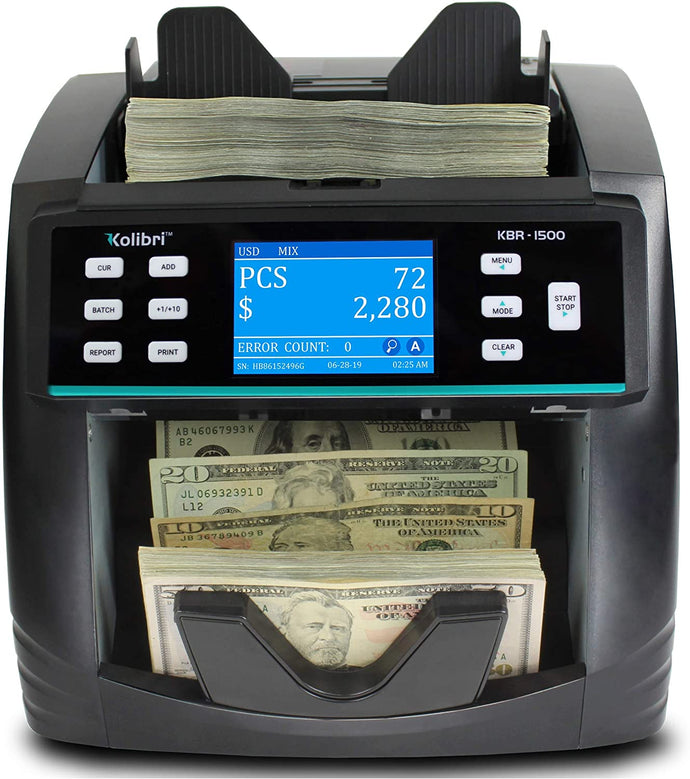 Kolibri KBR-1500 Bank Grade Mixed Denomination Money Counter Machine, Sorter and Value Reader with Advanced Counterfeit Detection (UV/MG/MT/IR/2CIS), Multi-Currency (USD/CAD/MXN), Printing Enabled