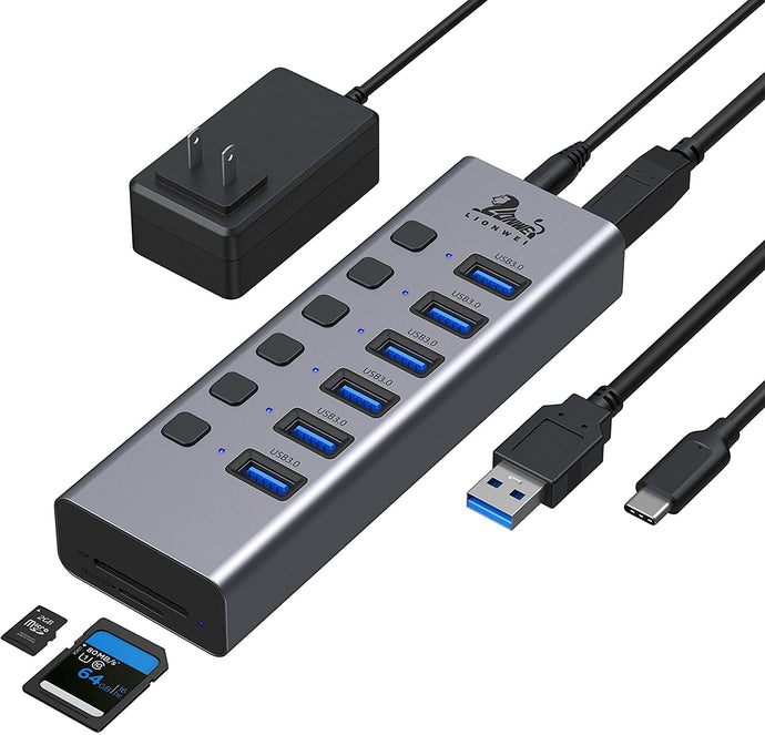 Universal Powered USB 3.0/USB C Hub, 8-Ports Aluminum USB Splitter with 6 USB 3.0 Data Ports, SD/TF Card Readers,On/Off Power Switches, 5V/4A AC Adapter,for PC, Laptops,MacBook Pro/Air, Surface Pro,HP