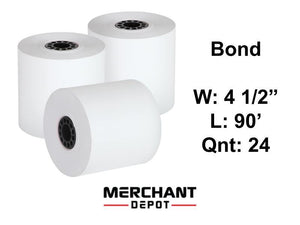 Receipt Paper 2 Ply Bond paper 4-1/2" (W) X 90' (L) Contains 24 Rolls/box