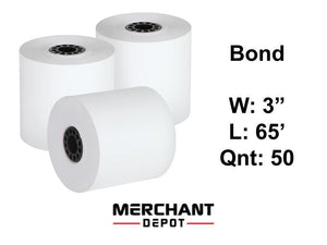 Receipt Paper 3 Ply Bond paper 3" (W) X 65' (L) Contains 50 Rolls/box