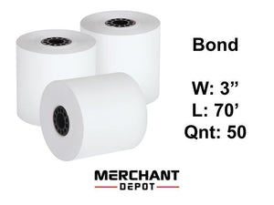 Receipt Paper 3 Ply Bond paper 3" (W) X 70' (L) Contains 50 Rolls/box
