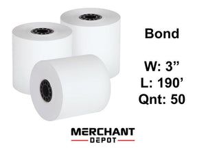 Receipt Paper 1 Ply Bond paper 3" (W) X 190' (L) Contains 50 Rolls/box