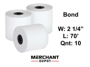 Receipt Paper 2 Ply Bond paper 2-1/4" (W) X 70' (L) Contains 10 Rolls/box